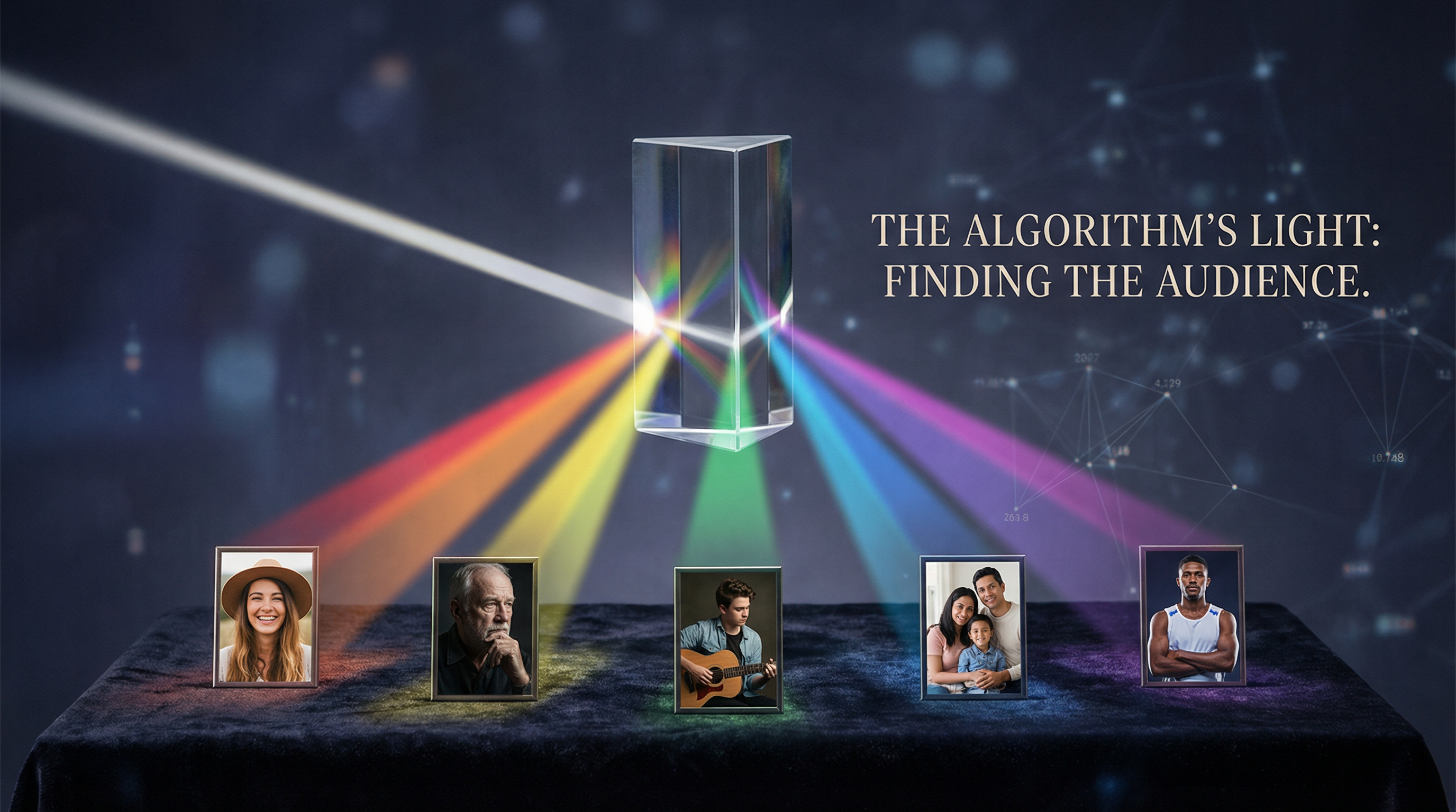 Prism splitting light into rainbow beams illuminating different people, representing the algorithm finding the right audience