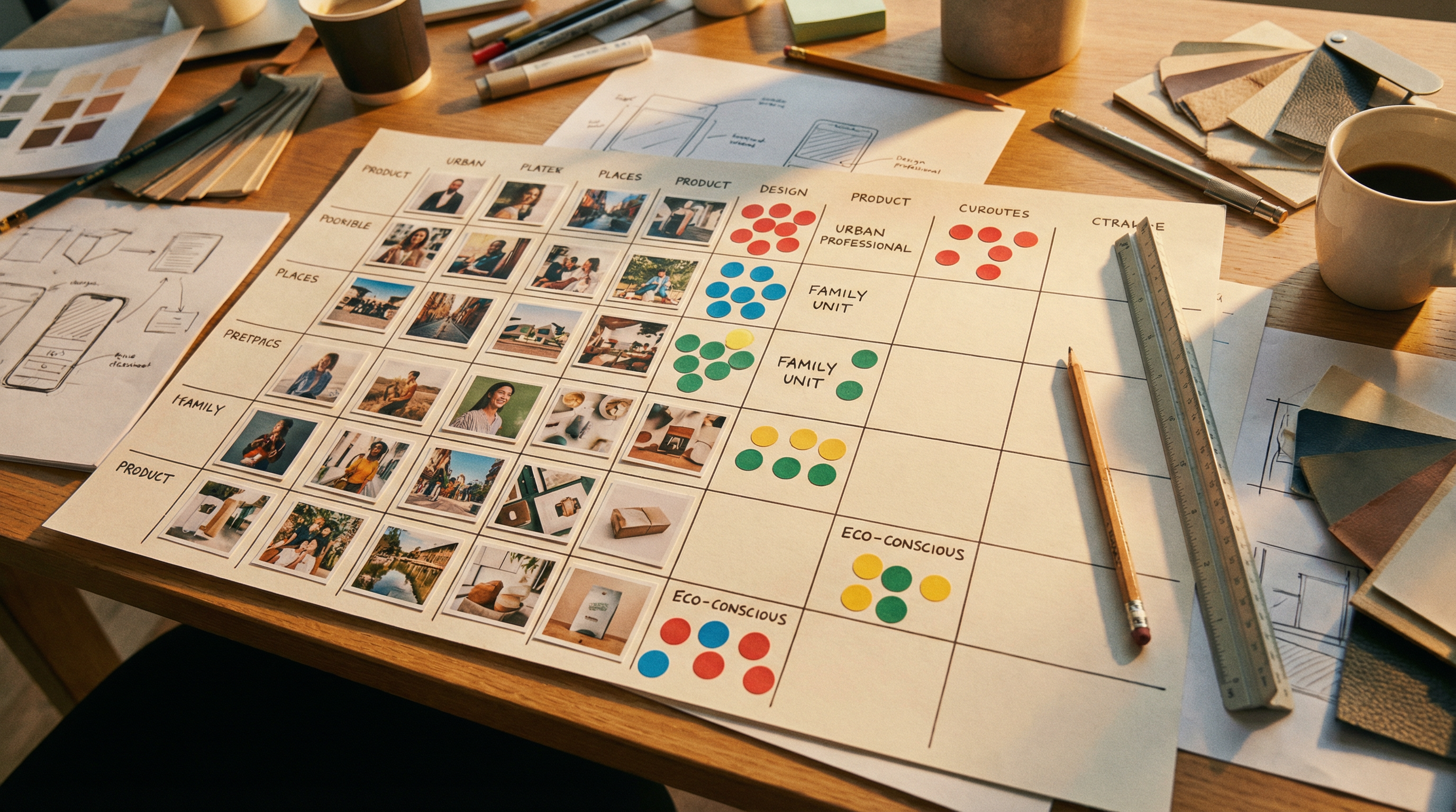 Designer's desk with printed matrix, thumbnail images, and color-coded persona dots showing the creative system in action