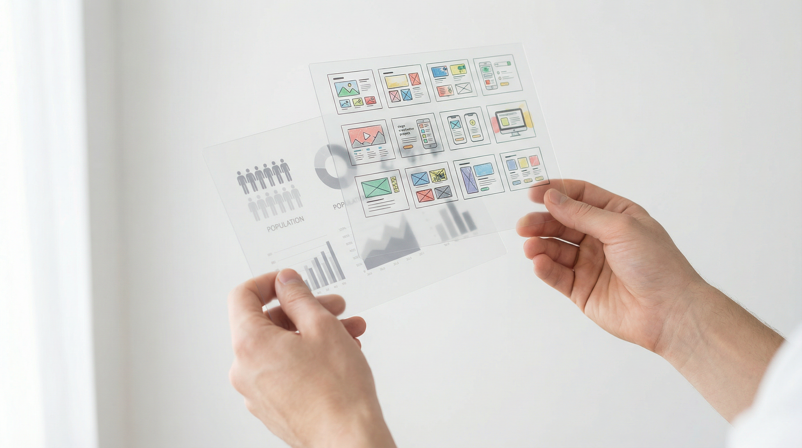 Hands holding transparent sheets showing audience demographics fading while creative thumbnails emerge