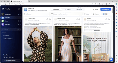 Saved ads in Foreplay.co Swipe File tab